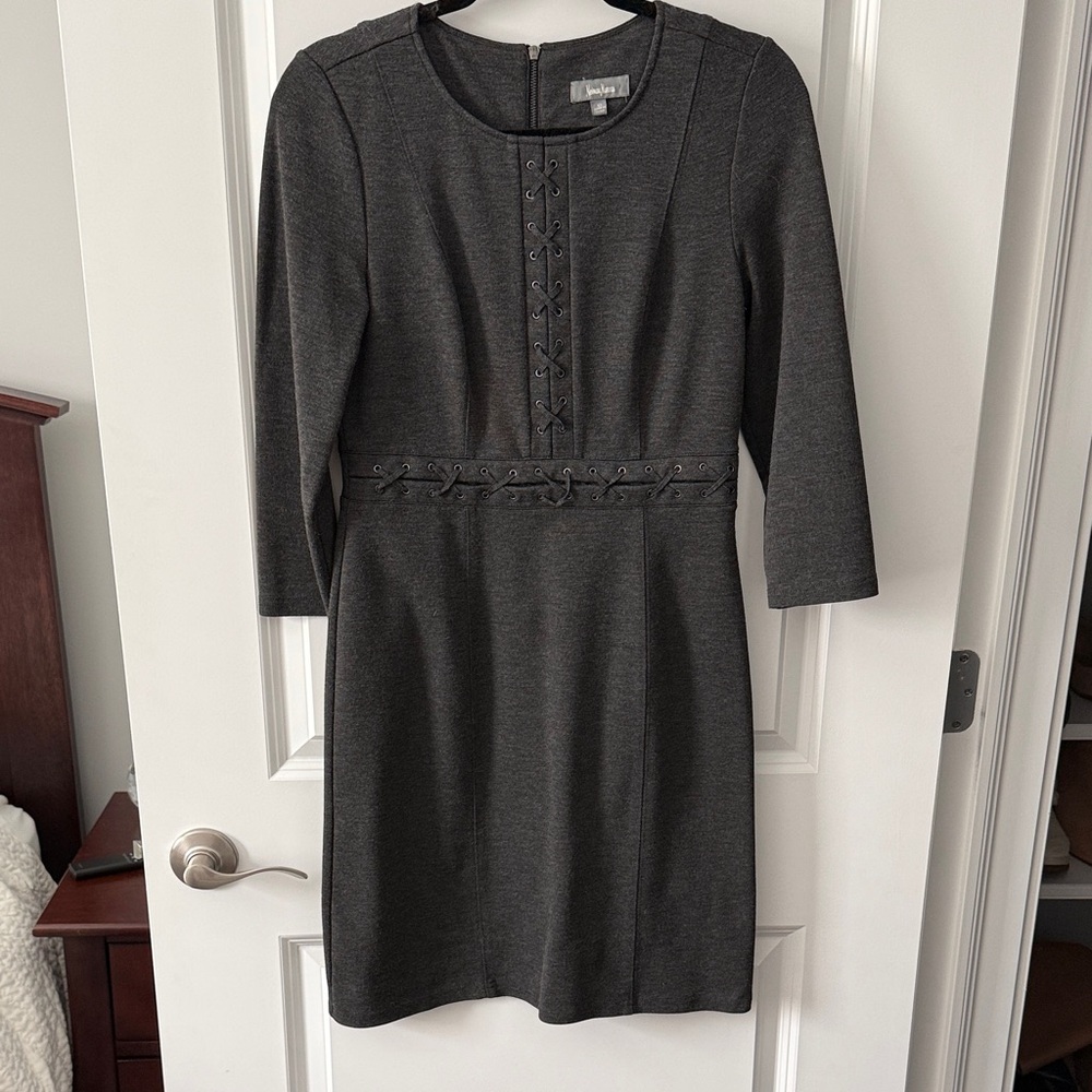 Neiman Marcus Charcoal Gray Long-Sleeve Sheath Dress with Lace-Up Detail